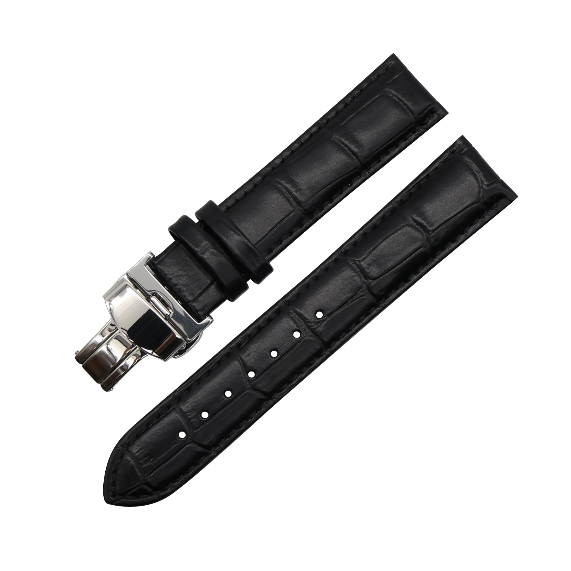 LEATHER WATCH STRAP (Black Strap + Silver Buckle)